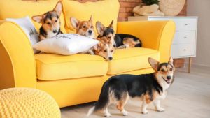 Five brown black and white corgis sitting around and on a bright yellow couch.